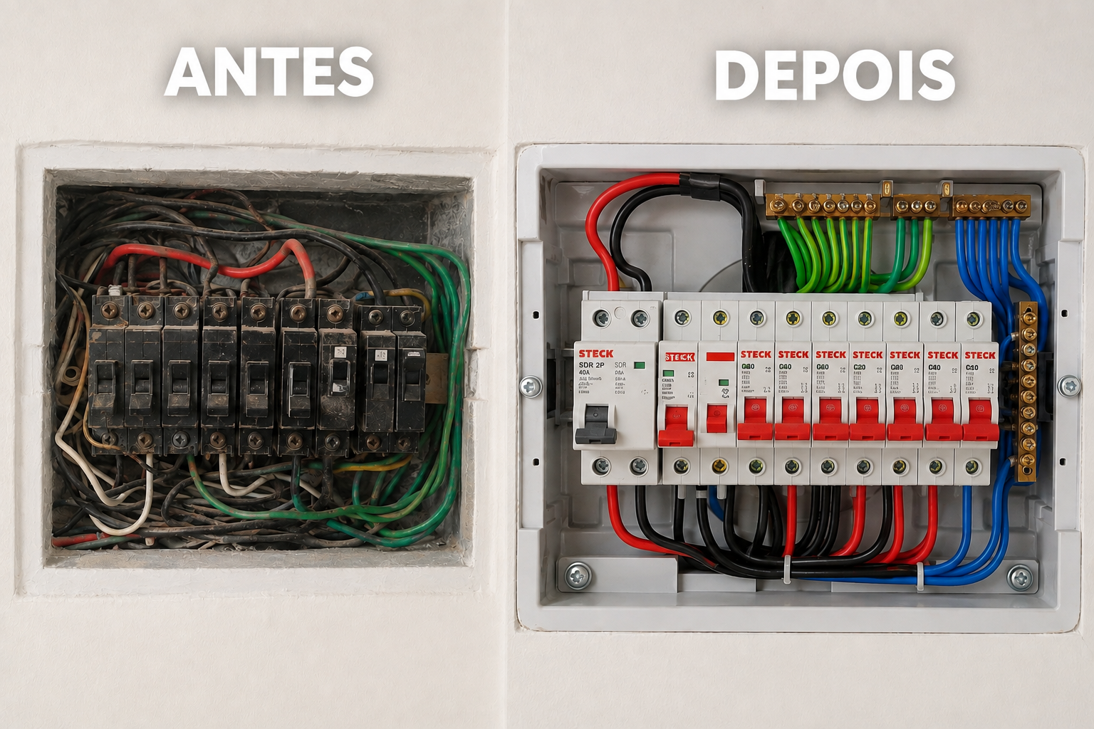 Antes e depois: quadro de distribuição antigo substituído por quadro novo com disjuntores organizados